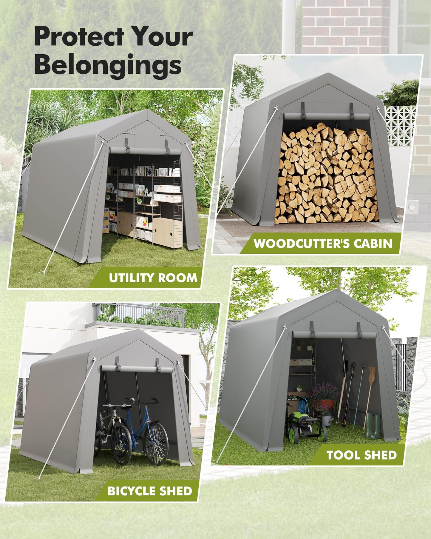 VerisShade 7 x 10 ft Carport Storage Shed, Shelter Logic with 2 Roll-up Zipper Door, Heavy Duty Waterproof Tarp, Storage Tent for Motorcycle, Bike, Garden Tools, Firewood