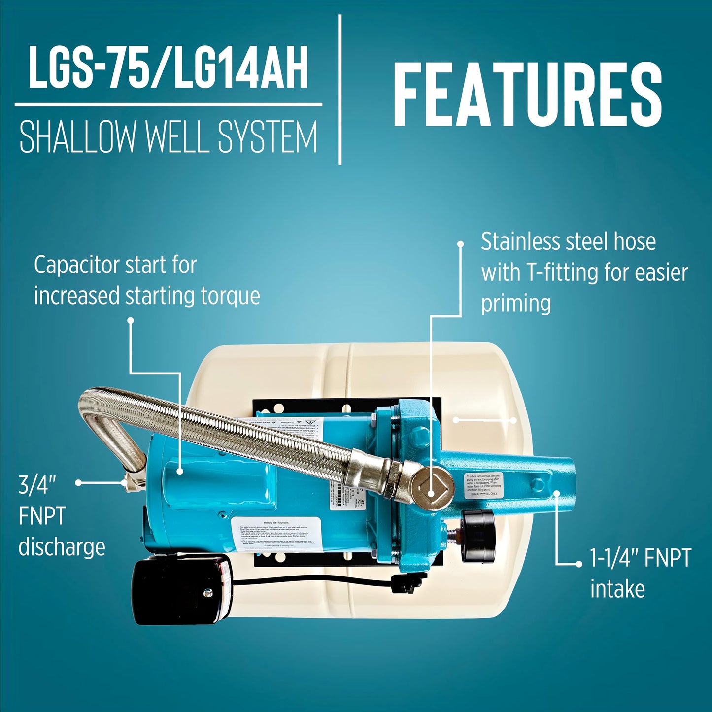 Little Giant LGS-75/LG14AH Dual Voltage (115/230V) 3/4 HP Shallow Well Jet Pump/Tank Combo 16 GPM Cast Iron Pump with 14 Gallon Pressure Tank, Blue/White, 558932