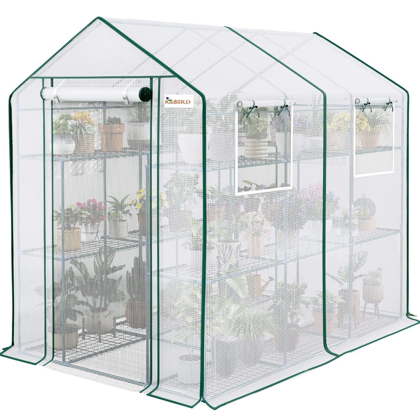 KING BIRD Premium Greenhouse for Outdoors, 84 x 56 x 77 Upgraded PE Cover & Steel Frame Walk in Hot House, w/ Zippered Screen Windows Mesh Door, 3 Tiers 20 Shelves for Outside Garden, White
