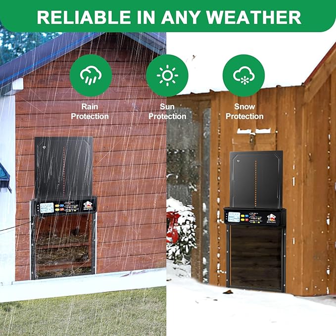 Automatic Chicken Coop Door Solar Powered with Timer, Light Sensor, Remote Control, LCD Display, Aluminum Alloy 4 Auto Modes Wide Solar Chicken Coop Door, Anti-Pinch, Weatherproof, USB Backup, Black