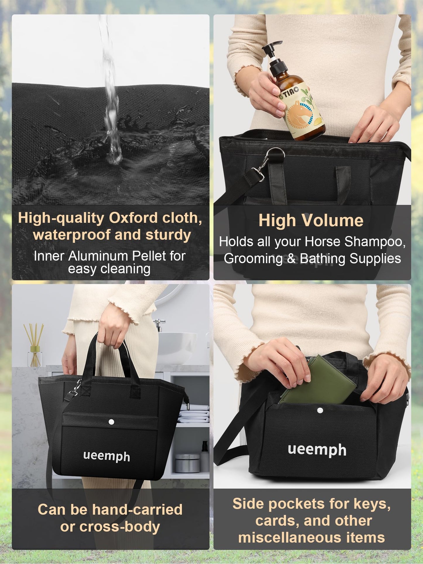 Ueemph Horse Grooming Kit (12-Piece): Brushes, Storage Bag, Sweat Scraper, Mane Comb, Grooming Gloves, Horse Gift for Girls (Black)