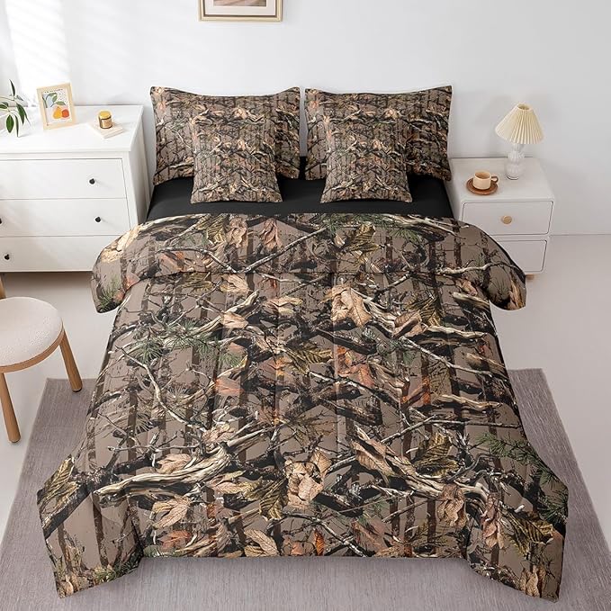 Feelyou Tree Branches 7 Pieces Bedding Set, for Kids Wild Hunting Leaf Bed Set Full Size Botanical Tree Bed in a Bag with Comforter, Sheets, Pillowcases Bedroom Decor Nature Theme Dark Brown