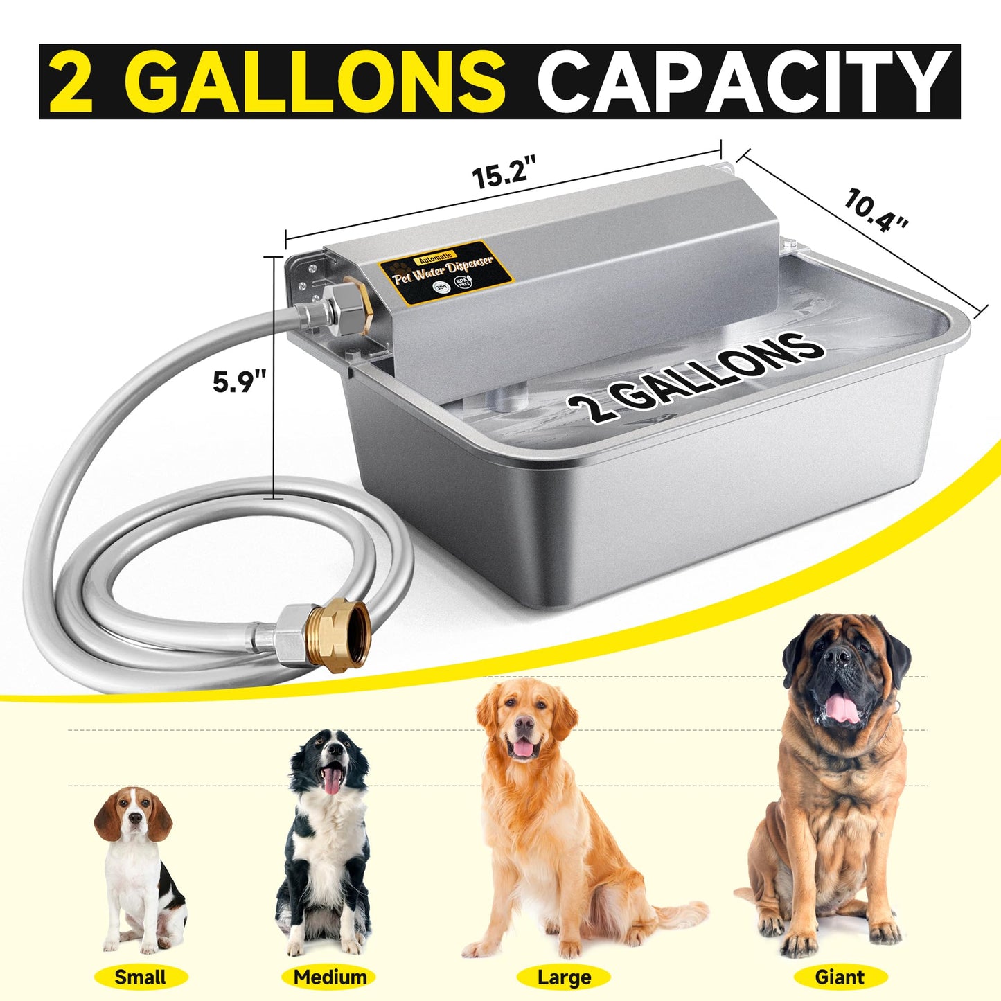 PETSOLON Automatic Dog Water Dispenser, 2 Gallons 304 Stainless Steel Large Dog Water Bowl Dispenser for Indoor/Outdoor, Pet & Livestock Water Feeder, Auto Fill, Fits GHT 3/4" Faucet, Easy to Clean