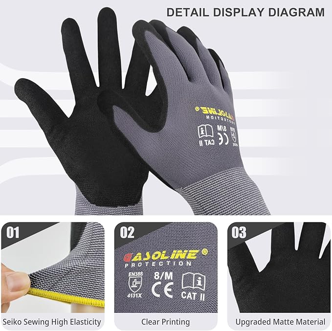 Work Gloves MicroFoam Nitrile Coated-12 Pairs,Seamless Knit Nylon&Spandex Gloves,Grey Work gloves