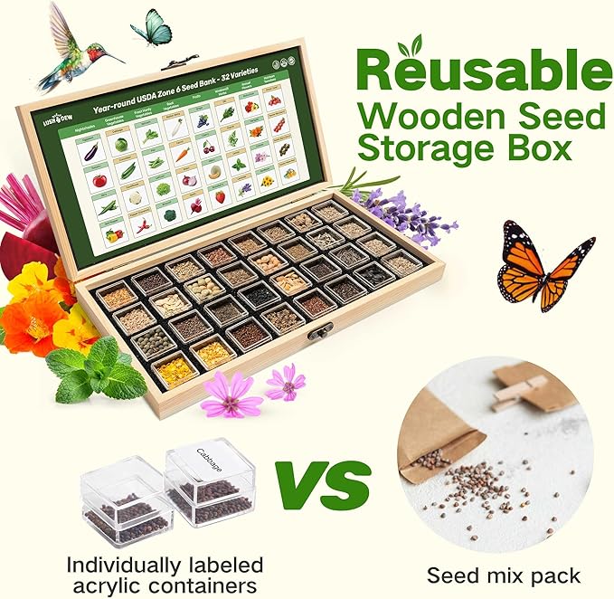 Lush&Dew Year-Round USDA Zone 6 Seed Bank, 32 Varieties Non-GMO Heirloom Seeds of Vegetables, Herbs, Gardening Gifts for Women Men, Emergency Survival Kit for Raised Garden Bed, Greenhouse