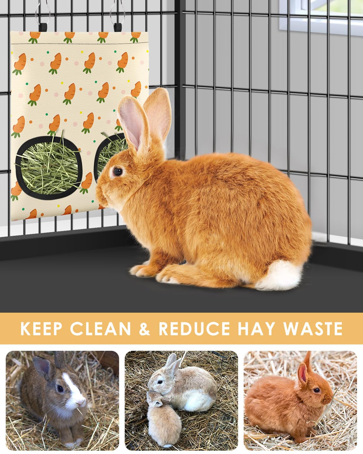 Bissap Rabbit Hay Feeder Bag, 2 Holes Hanging Hay Feeder Guinea Pig Hay Bag with Side Pocket for Rabbits Bunny Chinchillas Hamsters Rats and Other Small Pets Small Animal - Beige