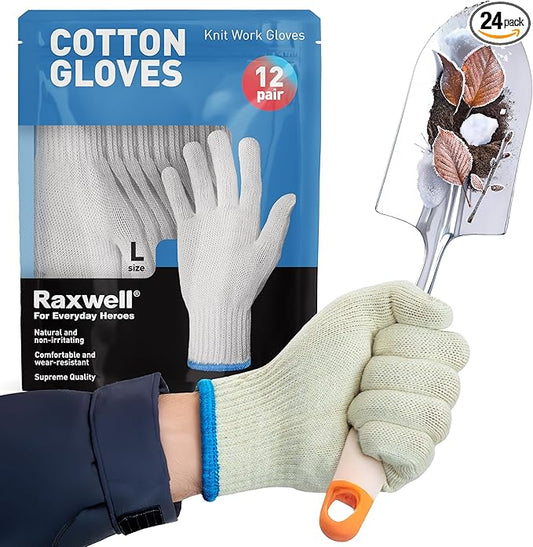 Raxwell White Cotton Gloves - Premium Knit Work Gloves, 12 pairs - Durable Liners for BBQ, Painting, Gardening, Industrial, & Mechanics, Natural Color, Size Large