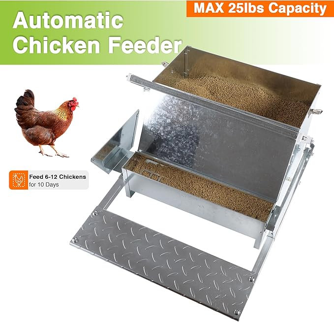 Chicken Feeder Galvanized 25Lbs Capacity Weatherproof Treadle Chicken Feeder Rodent Proof