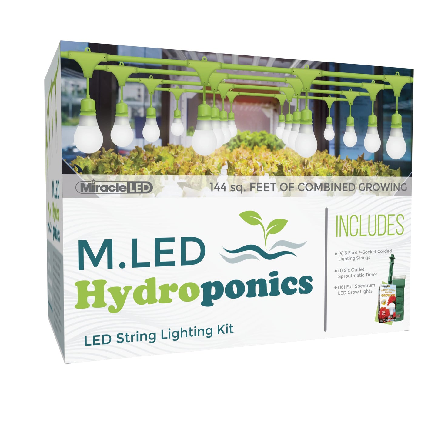 Miracle LED Hydroponics LED Indoor Grow Light Kit - Includes 4 Absolute Daylight Full Spectrum 100W Replacement Grow Light Bulbs & 1 4-Socket Corded Fixture with SproutMatic Grow Light Timer (4-Pack)
