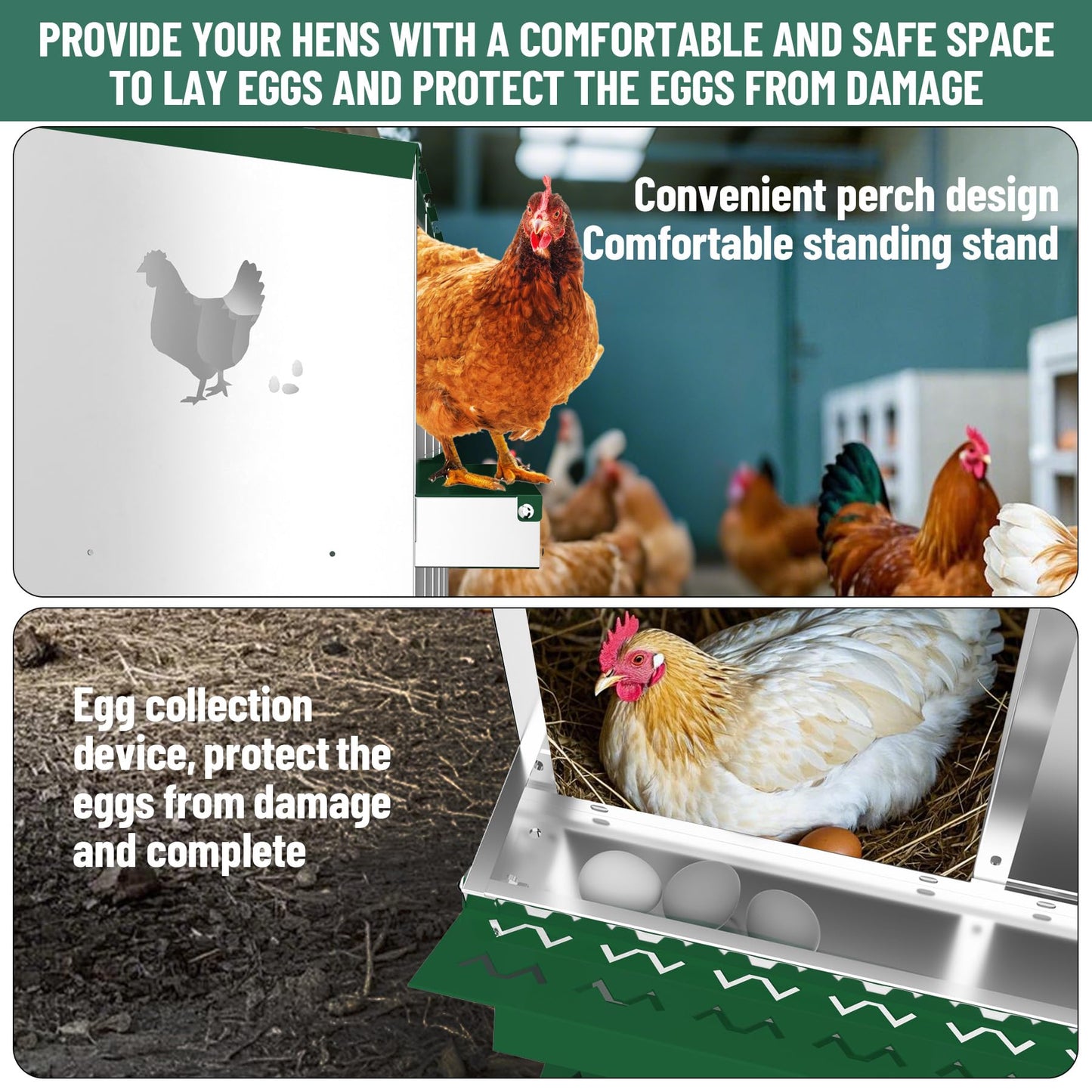 GarveeLife Nesting Boxes for Chickens, 6 Compartment Chicken Nesting Box with Metal Legs, Metal Chicken Laying Boxes with Perch, Secure Lid, Versatile Wall Mount or Free Standing for Hens, Green