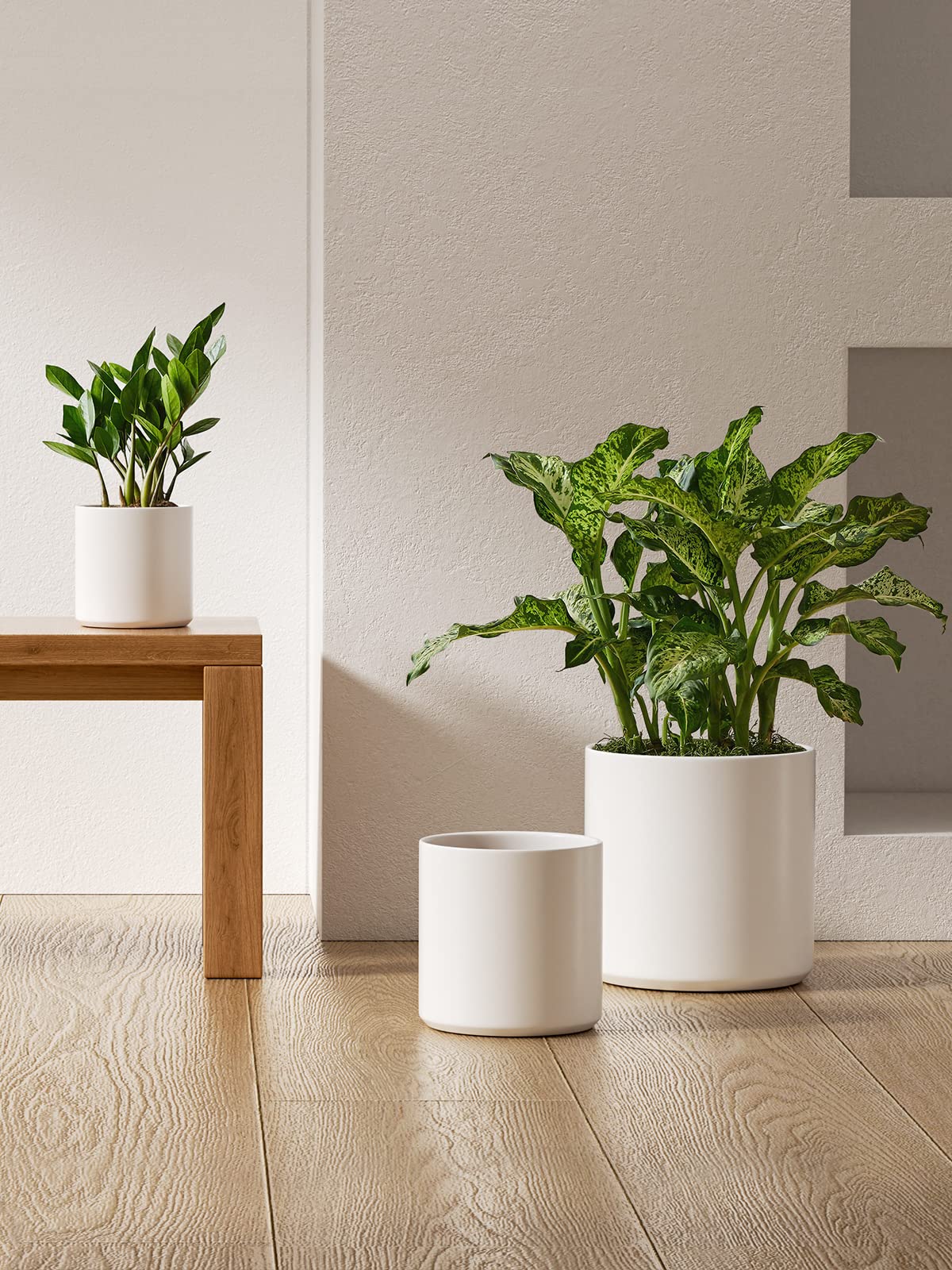 LE TAUCI Large Plant Pots Set, 12/10/8/6 Inch Ceramic Planters for Indoor Plants, Mid-Century Modern Flower Planter Pots with Drainage Hole and Plug, Cylinder Round Planter Pots, Set of 4, White