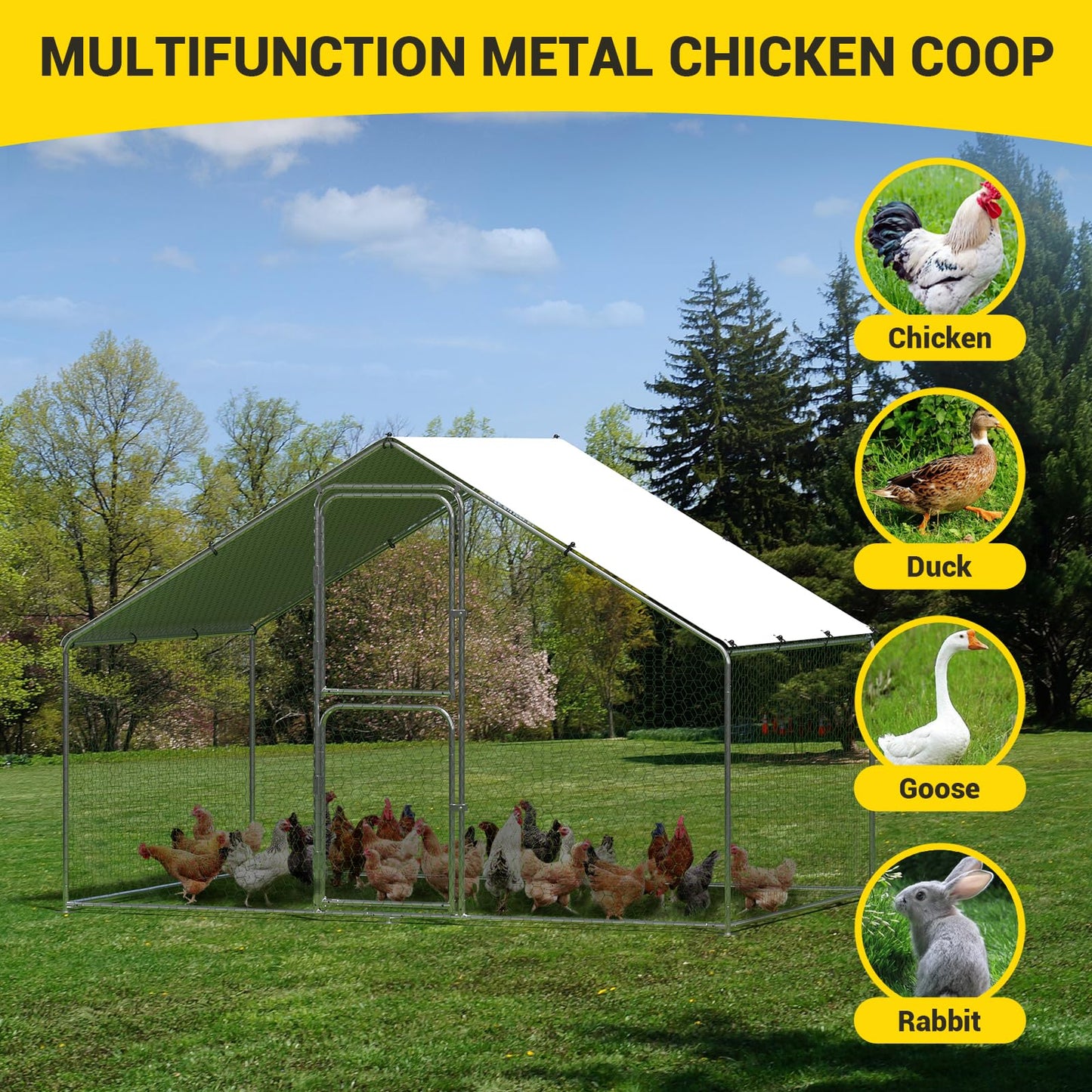 GarveeLife Large Metal Chicken Coop with Waterproof and Anti-UV Cover, Walk-in Poultry Cage, Chicken Pen, Outdoor Chicken Run for Backyard Farm Use, 9.8x6.5x6.5 FT