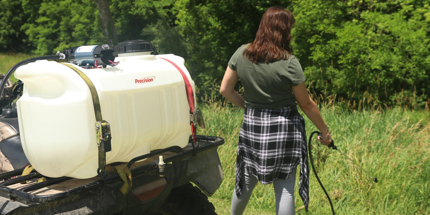 Precision Products High-Performance ATV Sprayer, 25-Gallon Pull Behind Sprayer with 1 GPM, 60 PSI, 6 Inch Tank Opening, 18 Inch Wand, Tow Behind, Translucent White, Made in USA