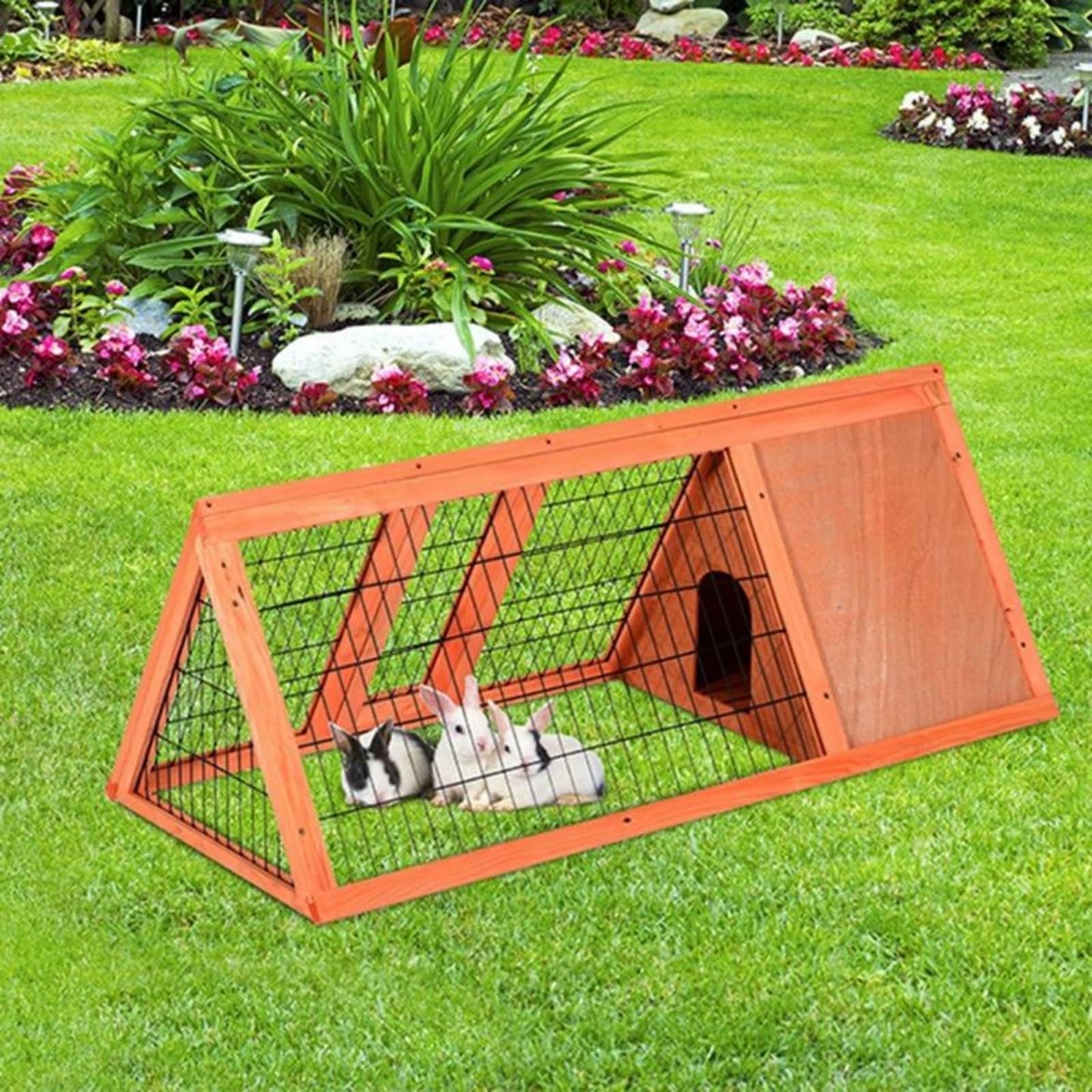 GarveeLife Wooden Rabbit Hutch, Chicken Hutch Outdoor with Run and 2 Doors, a-Frame Wooden Chicken Coops with Ventilating Wire, Quail, Rabbit Hideout for Small Animals, Red