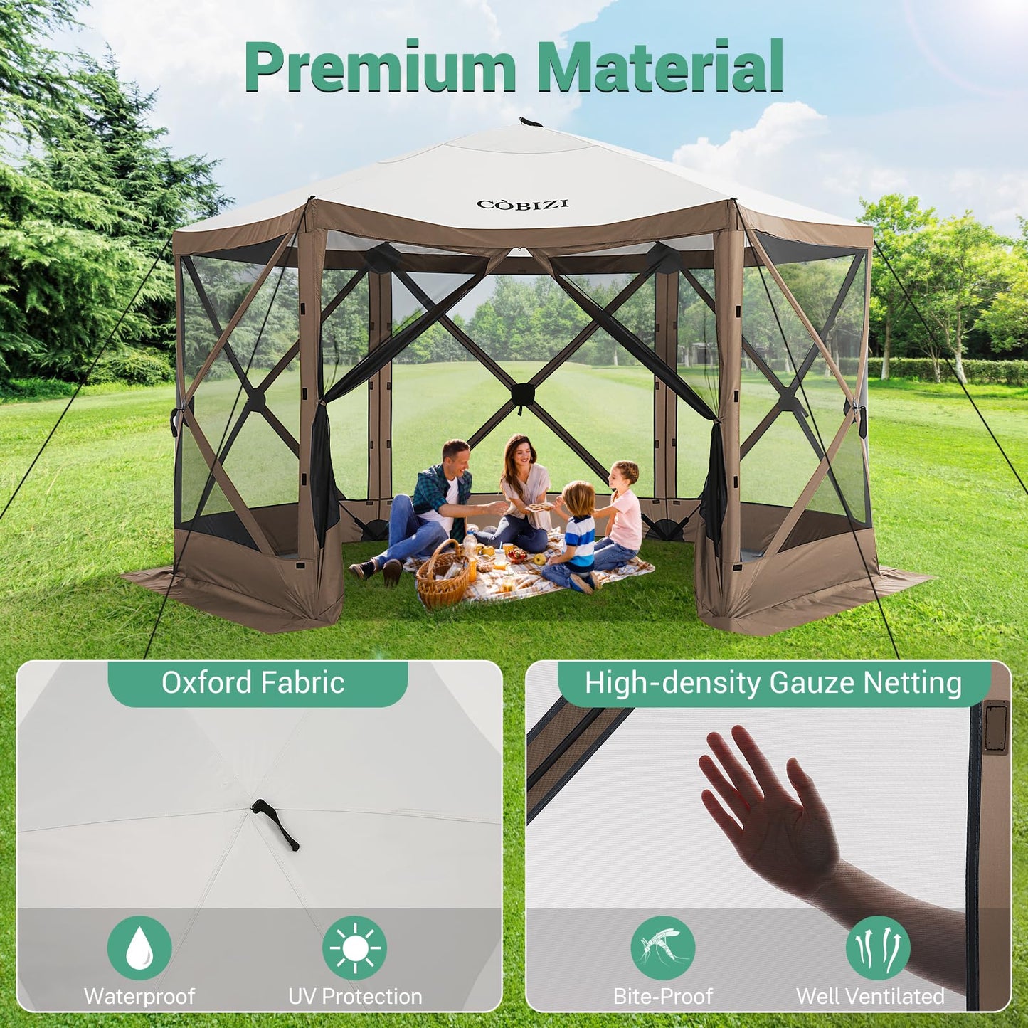 COBIZI 12x12ft Pop up Gazebo Screen Tent Screen House for Camping, Camping Outdoor Screened Gazebo with Sidewalls, Portable Hub Tent with Carrying Bag and Ground Stakes, Brown(Upgraded 2.0)