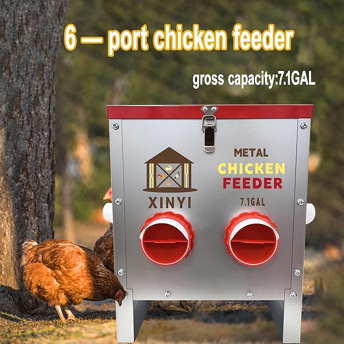 XINYI 35 lb Automatic Chicken Feeder 6 Ports, Metal Chicken Feeder No Waste, Rodent Proof Chicken Food Dispenser System, Weatherproof Duck Feeder 7.1 Gallon