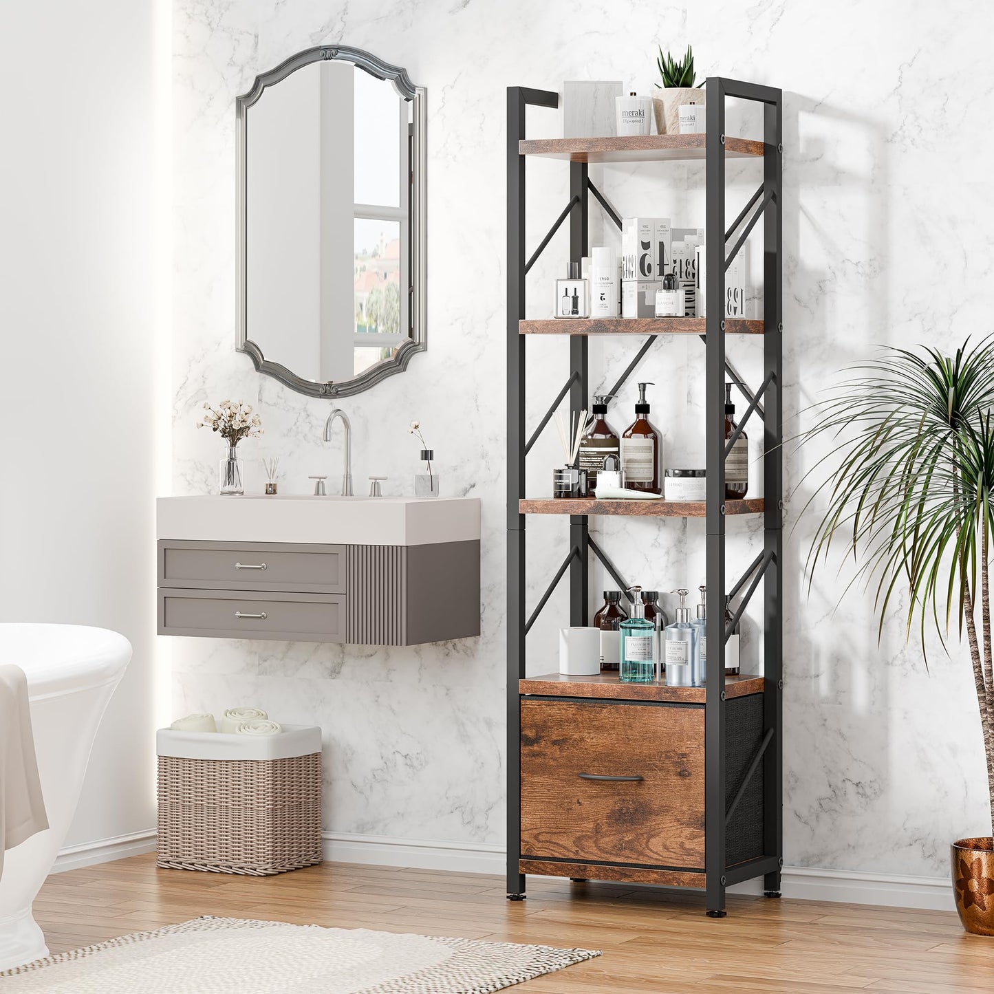 Shintenchi 5 Tier Bookshelf with Drawer, Tall Narrow Industrial Bookcase - Open Standing Shelf Unit, Freestanding Wood & Metal Display Shelves Storage Organizer for Bedroom, Living Room, Rustic Brown