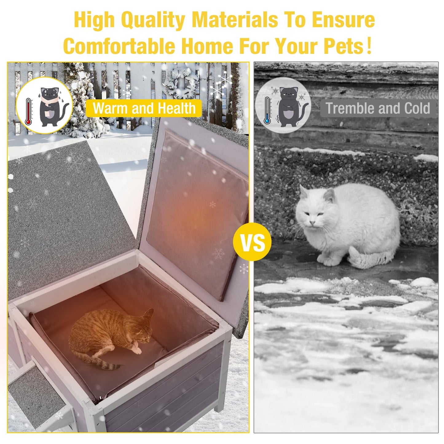 Aivituvin Outdoor Cat House，Double Rooms Waterproof Outside Feral Cat Shelter for Winter 100% Wood