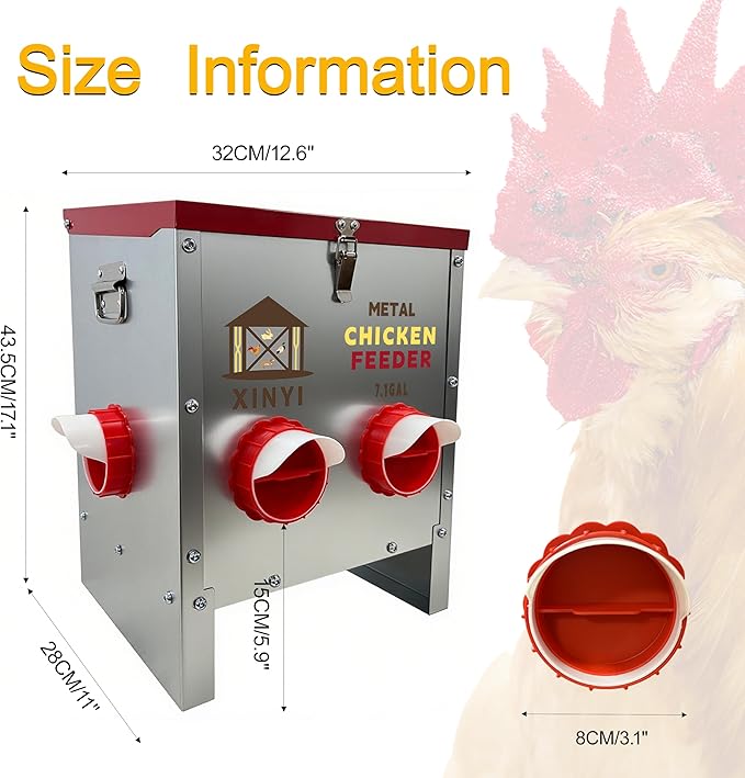 XINYI 35 lb Automatic Chicken Feeder 6 Ports, Metal Chicken Feeder No Waste, Rodent Proof Chicken Food Dispenser System, Weatherproof Duck Feeder 7.1 Gallon