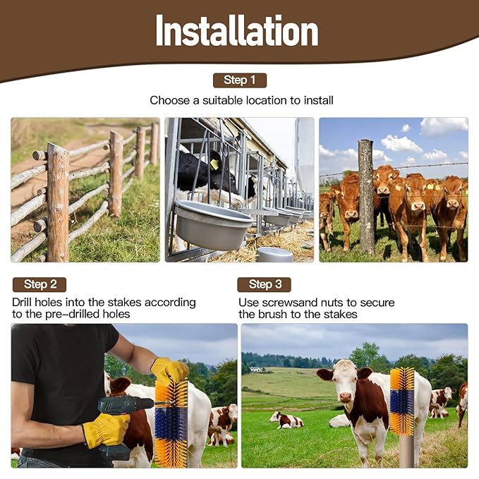 Livestock Scratching Brush, Horse Grooming Kit for Horses, Cattle, Sheep, Goats - Adjustable Grooming Massage Tool with Easy Install Kit