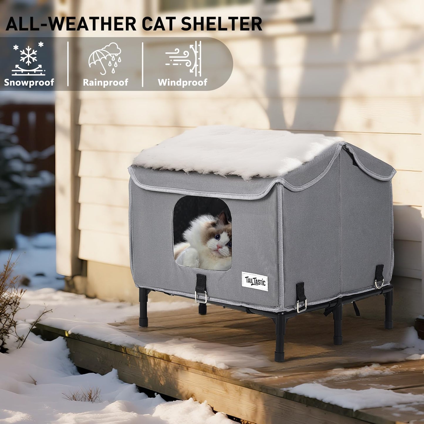 Tailtastic Heated Outdoor Cat House,Weather-Resistant Insulated Cat Shelter with Elevated Stand,Winter-Ready for Stray Cats, No Assembly Needed,17"x15"x13" (Grey)