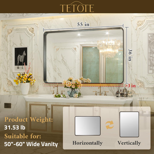 TETOTE 55 x 36 Inch Silver Mirror for Bathroom, Brushed Silver Framed Modern Farmhouse Rectangle Large Wall Mounted Mirror for Double Vanity (Horizontal/Vertical)