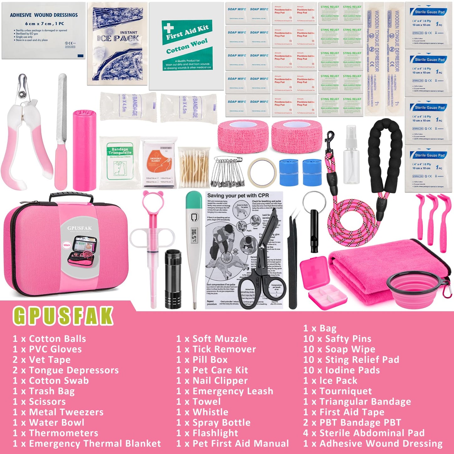 GPUSFAK Pet First Aid Kit for Dogs - Pet Emergency Kit for Camping Hiking Traveling Hunting and Sports (Pink)