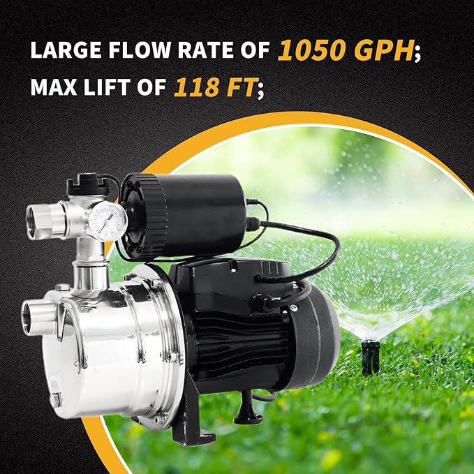 3/4 HP Water Pressure Booster Pump for House, Shallow Well Pump with Pressure Tank, Stainless Steel 1050 GPH 110V Auto On/Off Water Booster Pump, Irrigation Garden Sprinkler Pump for Home