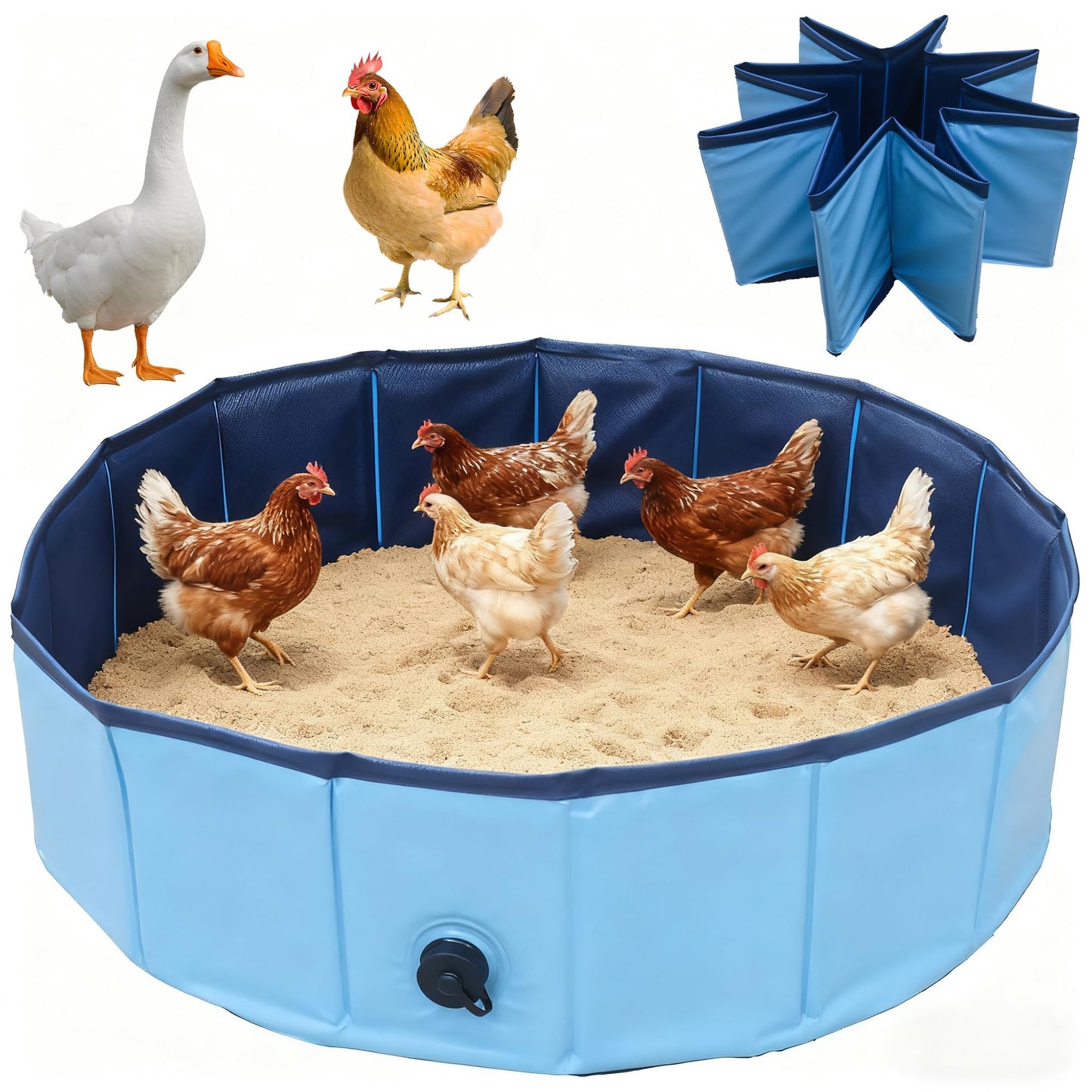 Chicken Dust Bath Tub, Chicken House Cleaner Container,Dust Bath for Chickens,Duck, Goose, Essential Chicken Coop Accessory 100% Waterproof, Foldable Desgin 32" D * 8" H,