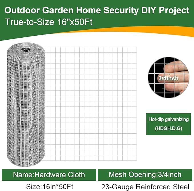 16in x 50Ft Hardware Cloth Hot-Dip Galvanized Welded Wire Mesh - Heavy Duty 23 Gauge Chicken Wire Fencing for Garden, Chicken Coop, Rabbit Cage, Rodent & Predator Protection