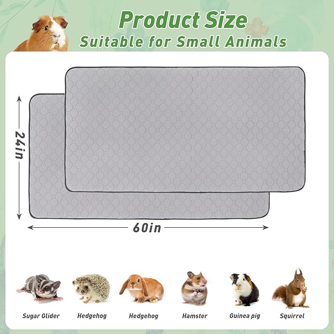Guinea Pig Cage Liners, 2 Pack 24'' X 60'' Washable Guinea Pig Pee Pads, Non Slip Reusable Super Absorbent Guinea Pig Training Mat Bedding Fleece for Small Animals Hamster Rabbit Chinchilla Rat