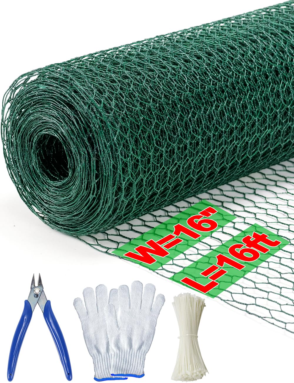 TOYPOPOR Chicken Wire, 16''x 190''/16ft Mesh Roll for Floral Arrangements, Anti-Rust PVC Coated Garden Netting, Rabbit Animal Fence with Cutting Plier, Gloves and Ties for DYI Crafts, Poultry, Garden