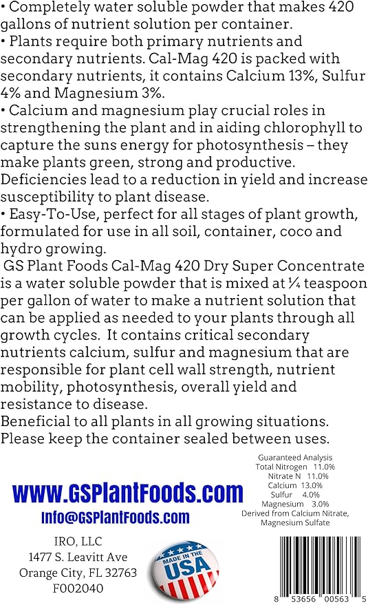 GS Plant Foods Cal-Mag 420 Dry Super Concentrate, Makes 420 Gallons of Nutrient Solution, 18 Ounces, Calcium/Magnesium Fertilizer