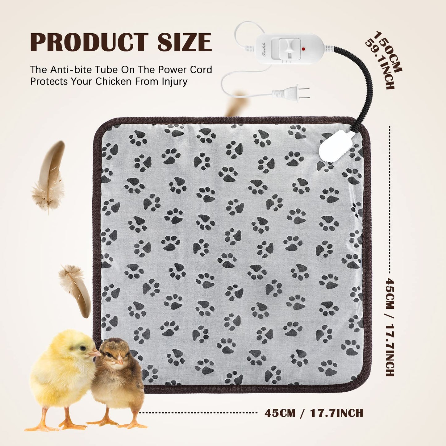 Chicken Heating Pad Chicken Coop Heater 110V Power 20W Electric Heating Mat Heated Bed Adjustable Pad Blankets Warming Bed Mats with Chew Resistant Cord for Pet Supplies