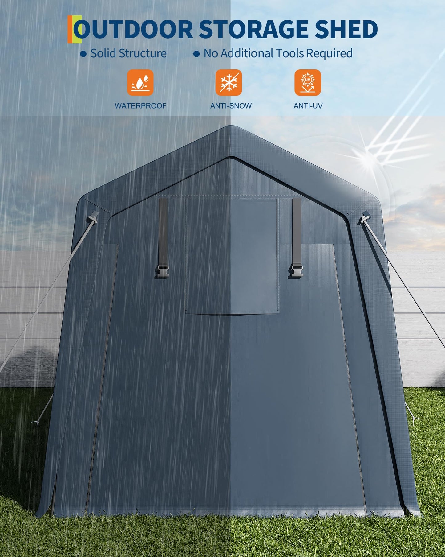 GarveeLife 6x8 FT Portable Outdoor Storage Shed with Roll-Up Zipper Door & Vent, 240G Heavy-Duty Shelter Waterproof PE Tarp, UV-Resistant Carport for Motorcycle, Firewood, Tools -Gray