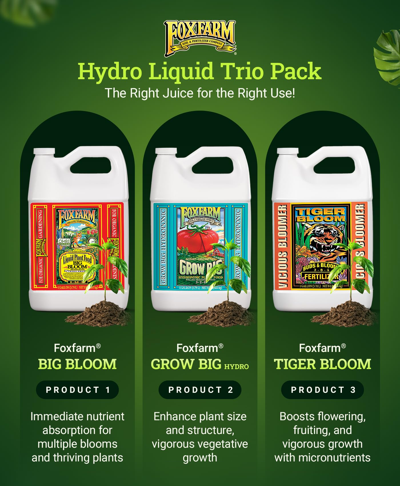FoxFarm Liquid Nutrient Trio Hydro Formula: Big Bloom, Grow Big Hydro & Tiger Bloom - for Hydroponic Gardening, Green Growth, Buds & Late-Season Flowers, (3-1 Gallon Bottles)