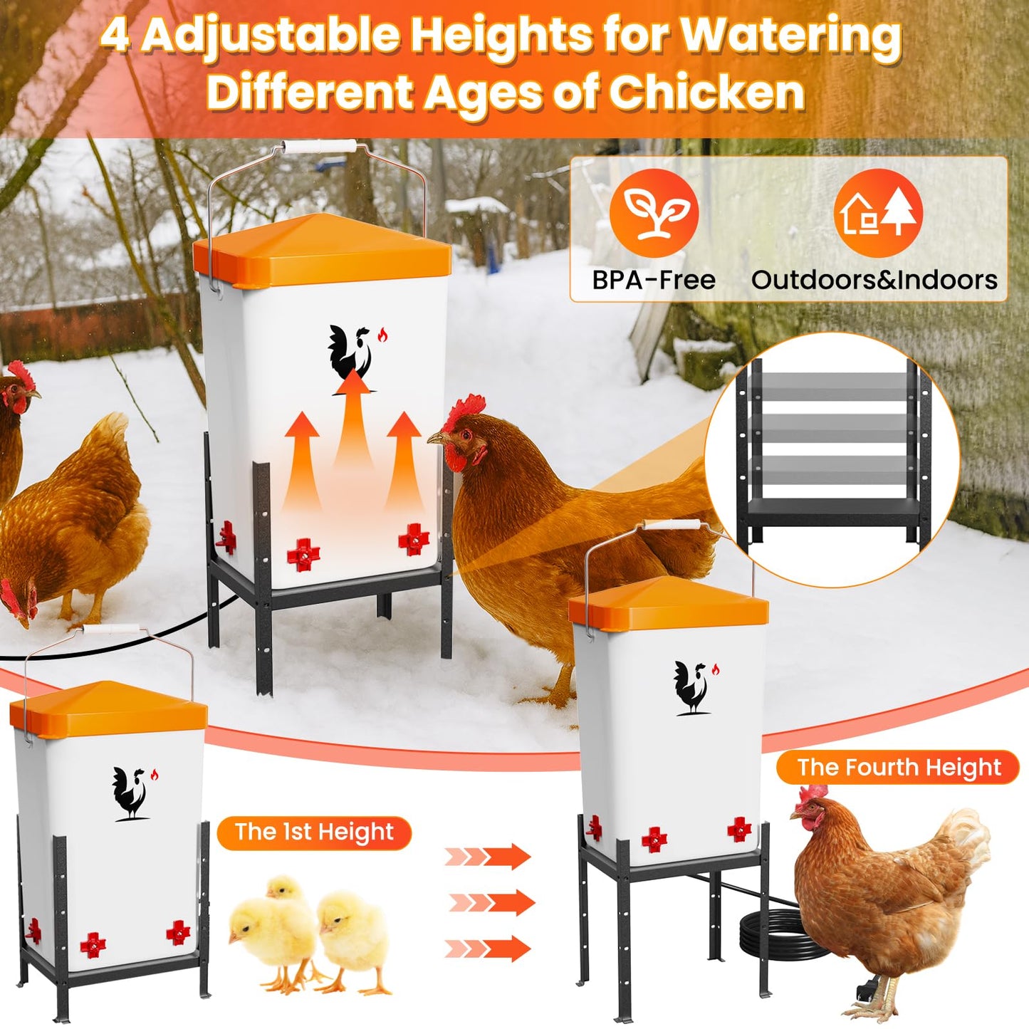 Heated Chicken Waterer, 3.2 Gallon Poultry Water Heater for Winter with 4 Horizontal Nipples, Thermostatically Controlled, 4 Adjustable Heights, Anti-Freezing Watering System for Coop Accessories