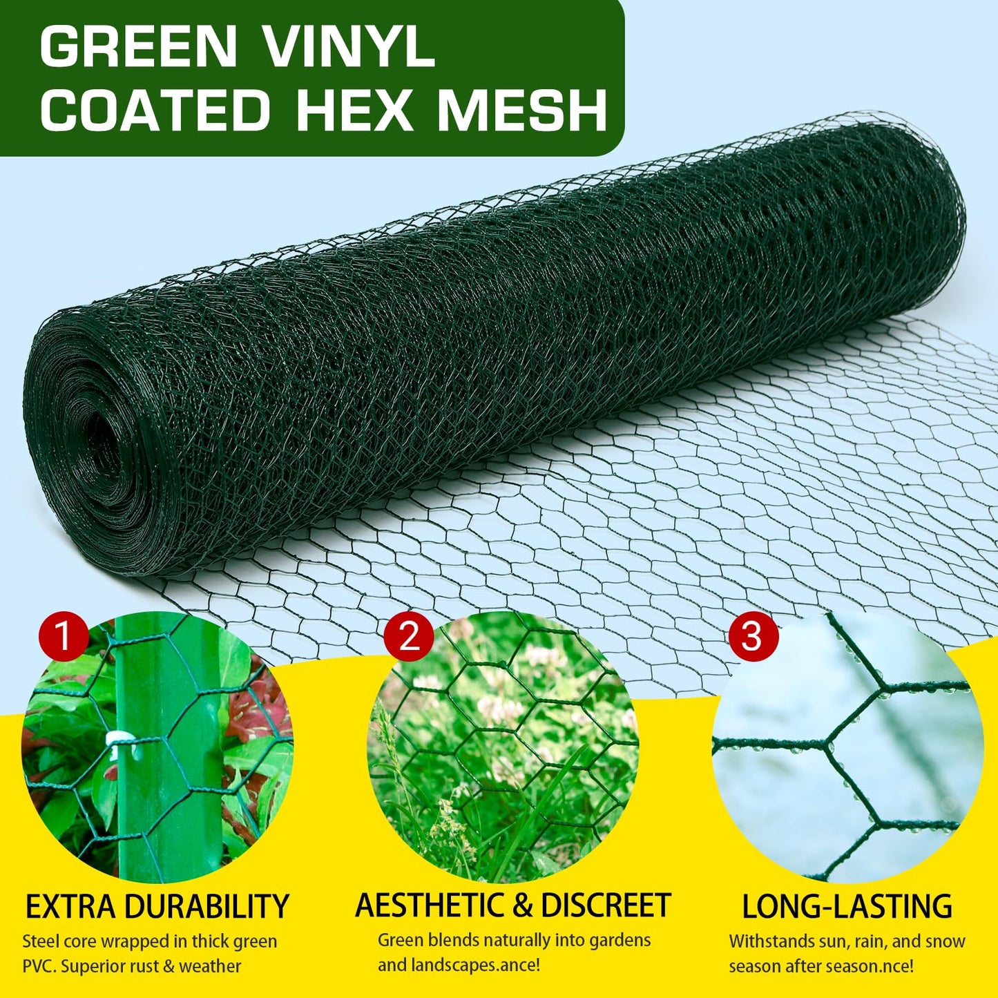 Yardbliss Chicken Wire36inx150ft, Premium Chicken Wire Fencing, Chicken Wire Mesh, Green PVC Coated Metal Wire Fence, Galvanized Poultry Netting Barrier for Floral Arrangements/Craft Projects//Rabbit