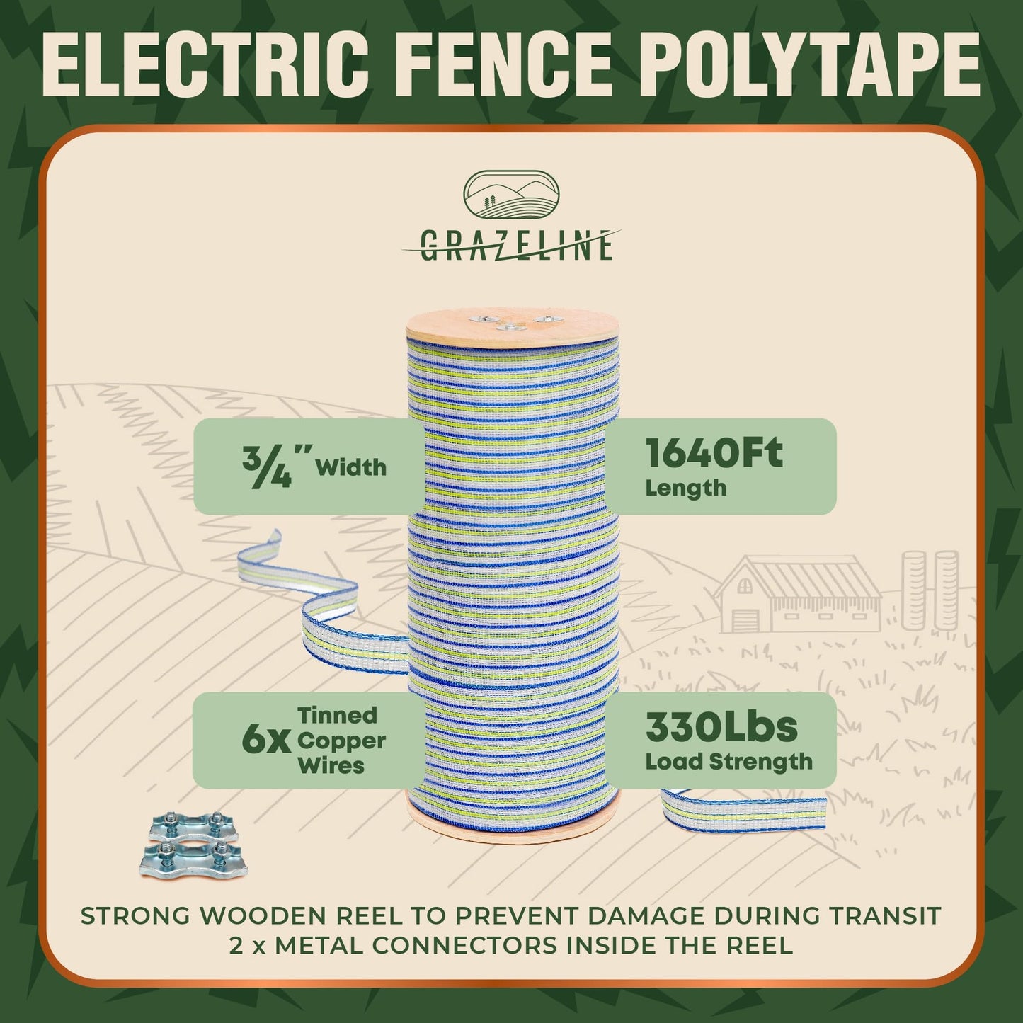 Electric Fence Wire Tape for Livestock 3/4" 1640 Feet (500m) - 6 x Tinned Copper Strands for Superior Shock - Portable Horse Fencing Polytape - UV Rust Corrosion Resistant