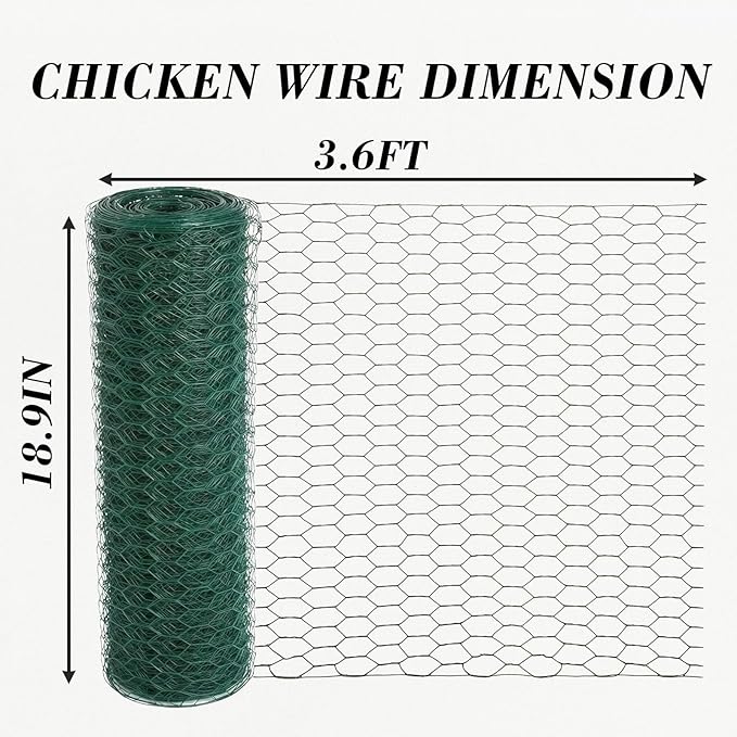 Chicken Wire 18.9IN x 3.6FT Green PVC Hexagonal Chicken Wire Garden Fence Netting Garden Fence Barrier for Craft Projects, Pet Rabbit Chicken Fencing
