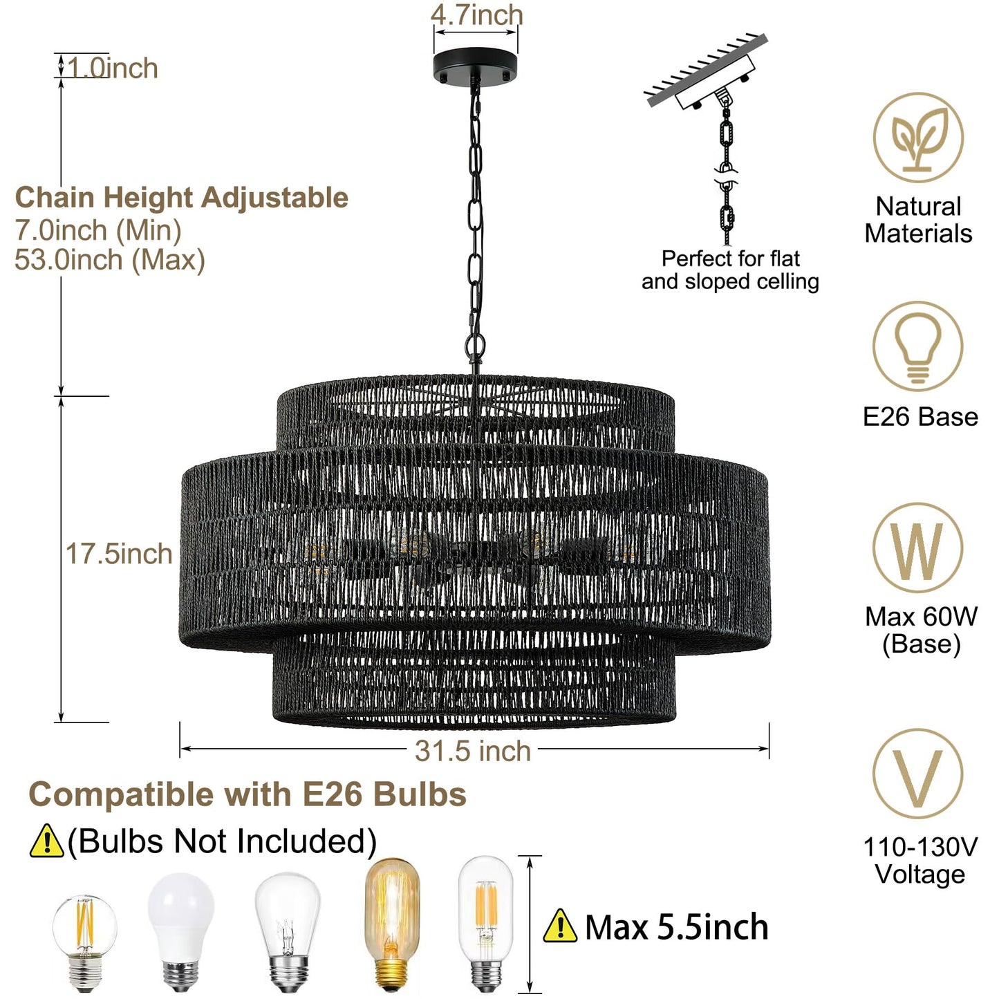 Giutna 31.5"Large Boho Rattan Farmhouse Chandeliers for Dining Room,8-Light Rattan Hand-Woven Rustic Drum Chandelier Pendant Light Fixture for Kitchen Island Bedroom Living Room Entryway Foyer(Black)