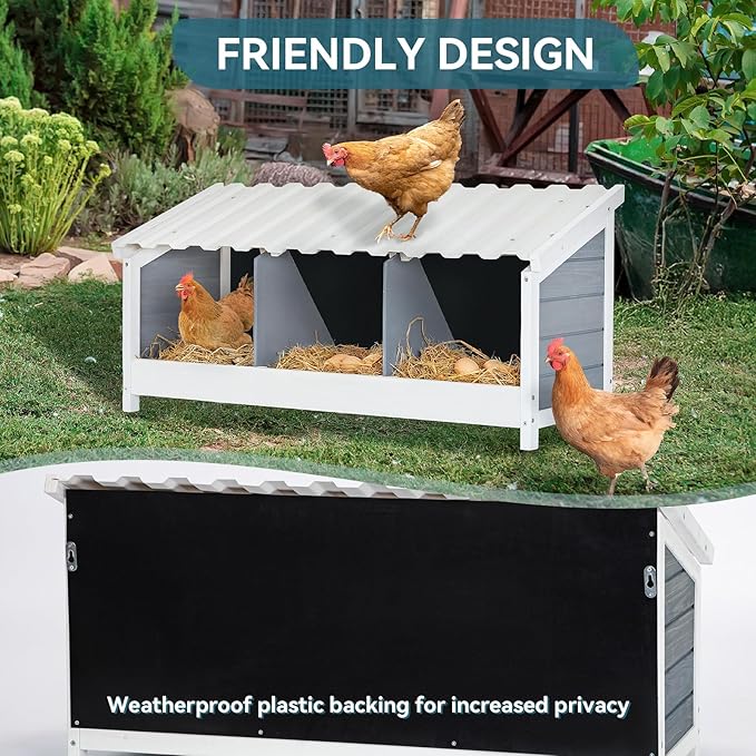 PETSFIT 3 Holes Chicken Nesting Box-All Weather PVC Roof, Natural Wood Design with Privacy Back Panel for Hens-Wall Mounted or Floor Use in Coops, Farms, Backyards,Easy to Assemble and Clean