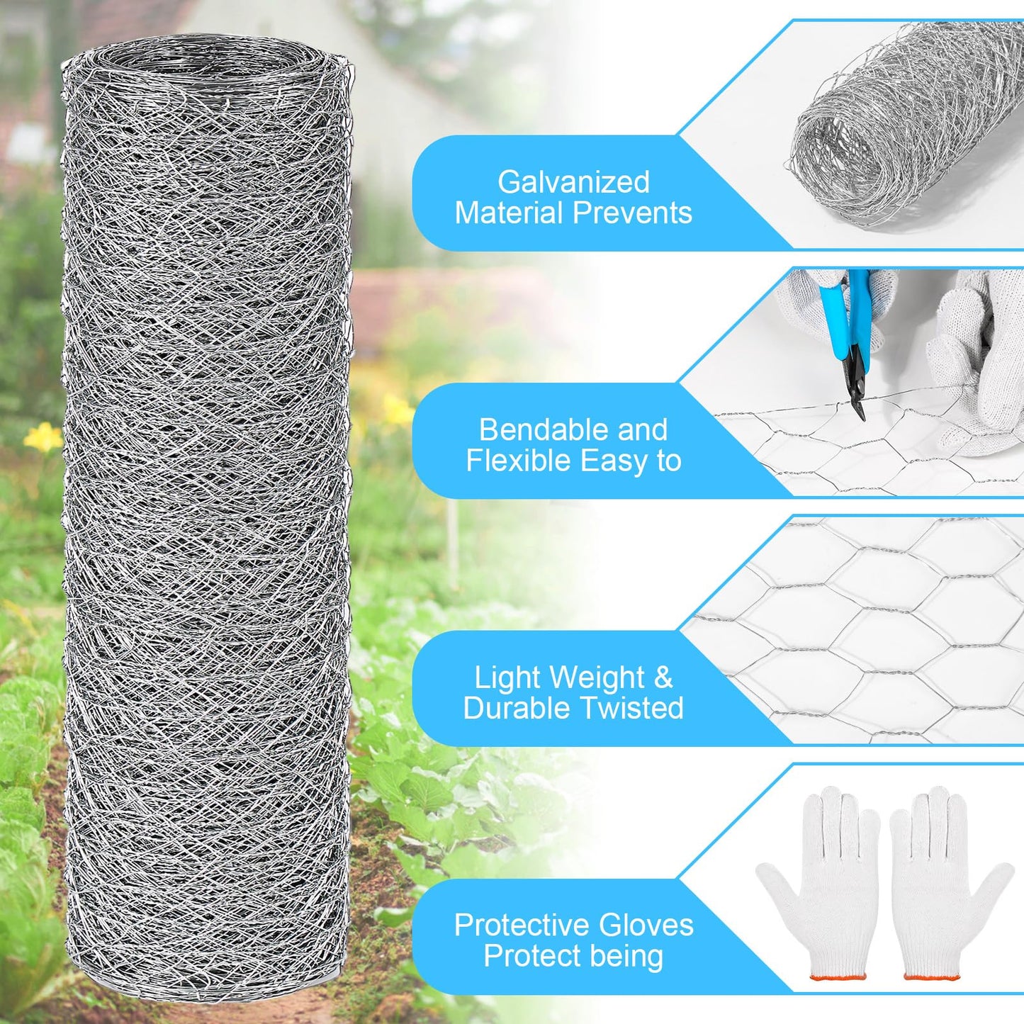 Chicken Wire Mesh 13.7 in x 157 in Silver Floral Chicken Wire Poultry Netting Hexagonal Galvanized PVC Coated Wire Mesh for Floral Arrangements Craft with 30 Zip Ties, Glove and Wire Cutting Pliers