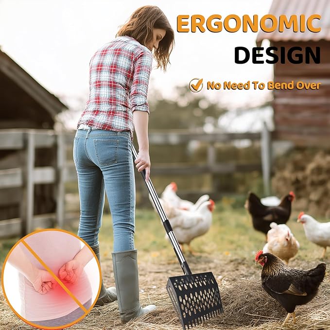 Chicken Poop Scooper & Rake, 2-in-1 Heavy Duty Metal Chicken Coop Scoop with Adjustable Length (36"–65"), Poultry Litter Tools Scooper Sand Sifting Shovel for Chicken Coops Animal Farms & Poultry Run
