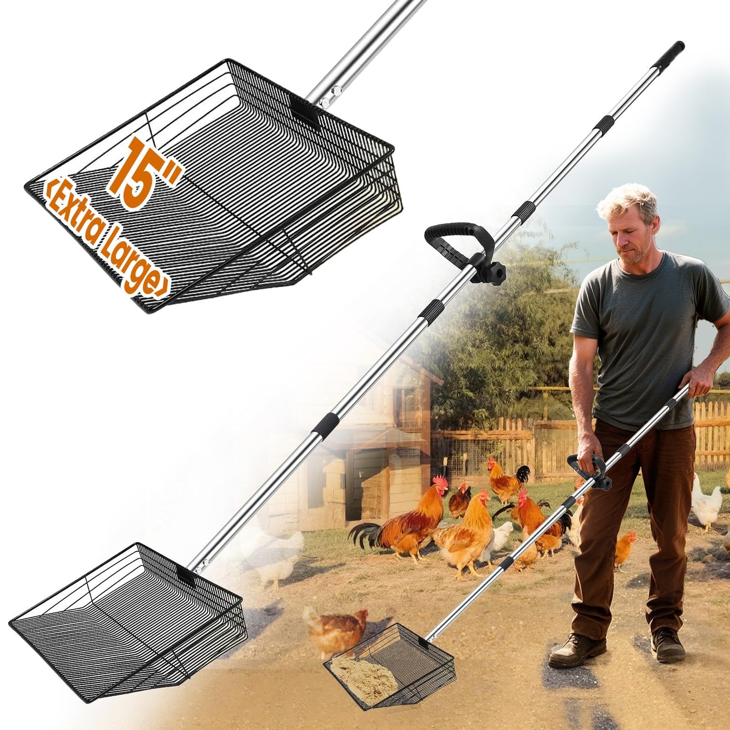 15 inch Extra Large Chicken Poop Scooper with Ergonomic Grip,5-in-1 Heavy Duty Adjustable Coop Scoop for Poop (24 to 68"), Stainless Steel Sifting Litter Shovel Scoop for Chicken Coop