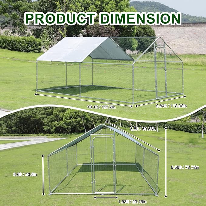 Large Chicken Run Metal Chicken Coop, Outdoor Dog Kennel with Roof Waterproof Anti-UV Cover Secure Lock for Outside Backyard Farm(13.1' L x 9.8' W x 6.56' H)