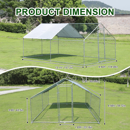 Large Chicken Run Metal Chicken Coop, Outdoor Dog Kennel with Roof Waterproof Anti-UV Cover Secure Lock for Outside Backyard Farm(13.1' L x 9.8' W x 6.56' H)