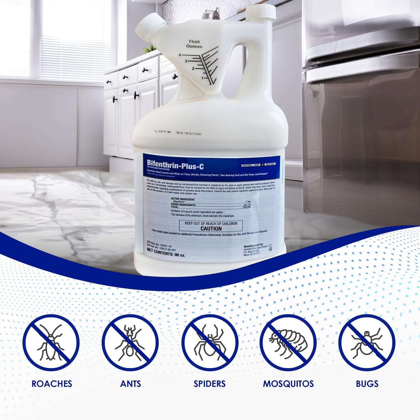 Bifenthrin-Plus-C Insecticide (96 oz) - Roach Killer Indoor Infestation, Termite Treatment, Ant Control & Wasp Spray - Home Pest Control, Residential, Commercial, and Industrial Use