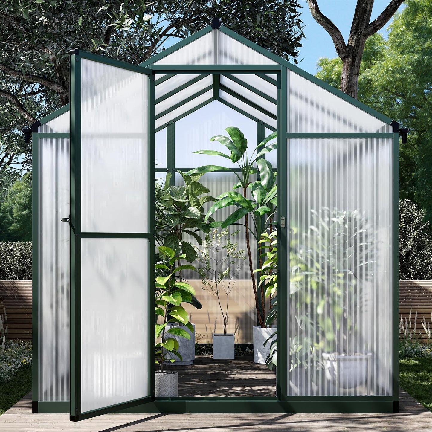 EcoSummer Greenhouse for Outdoors 8 x 6.25 Ft, Polycarbonate Greenhouse with Lock, Roof Windows Vent and Rain Gutter, Aluminum Large Walk-in Green Houses, for Patio Garden Backyard Outside, Green