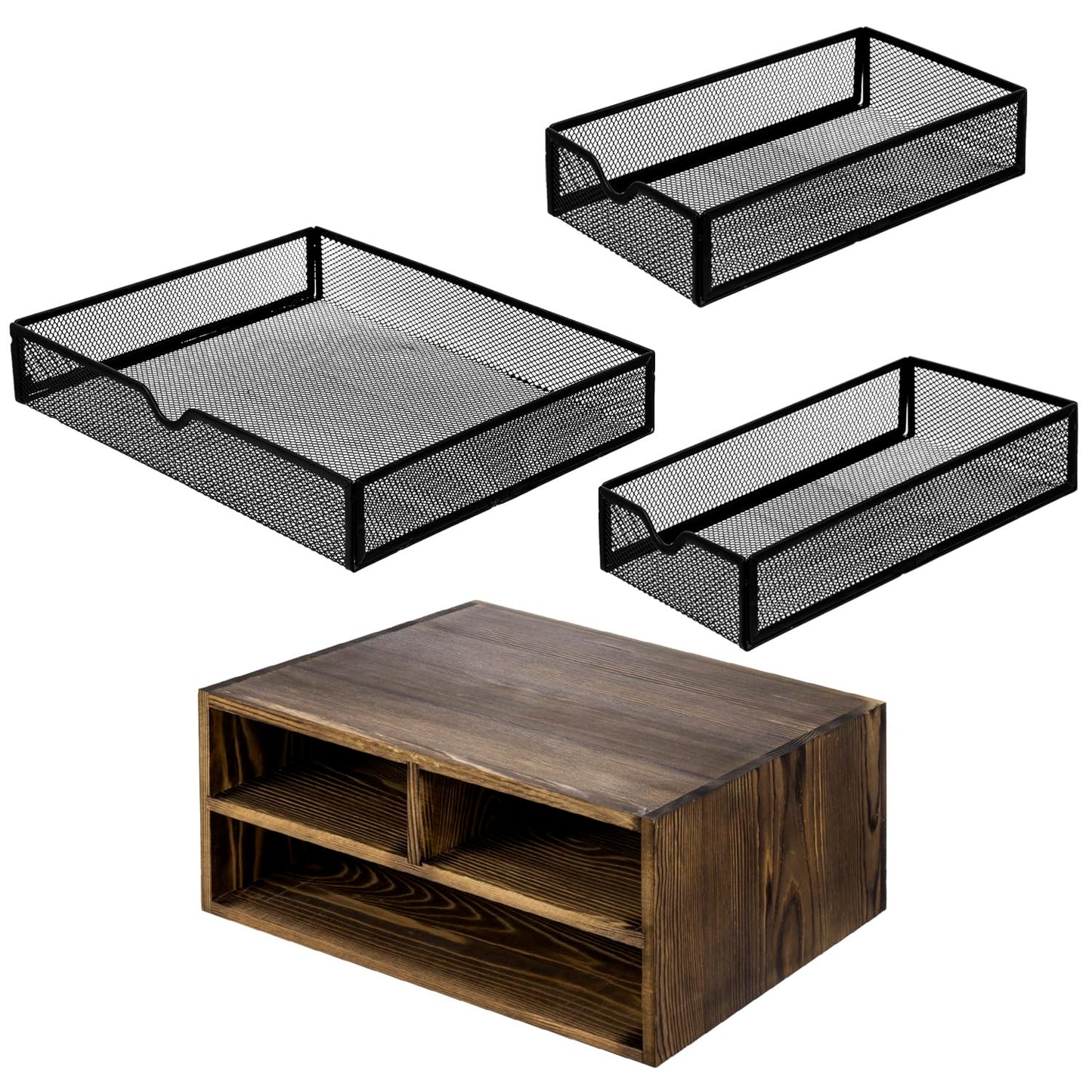 MyGift Rustic Burnt Brown Solid Wood Desktop Organizer Box with 3 Removable Black Metal Mesh Trays, Office Desk Supplies Storage Drawers for Accessories